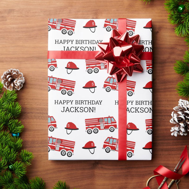 Red Fire Truck Fireman Personalized Birthday Wrapping Paper