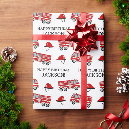 Red Fire Truck Fireman Personalized Birthday Wrapping Paper