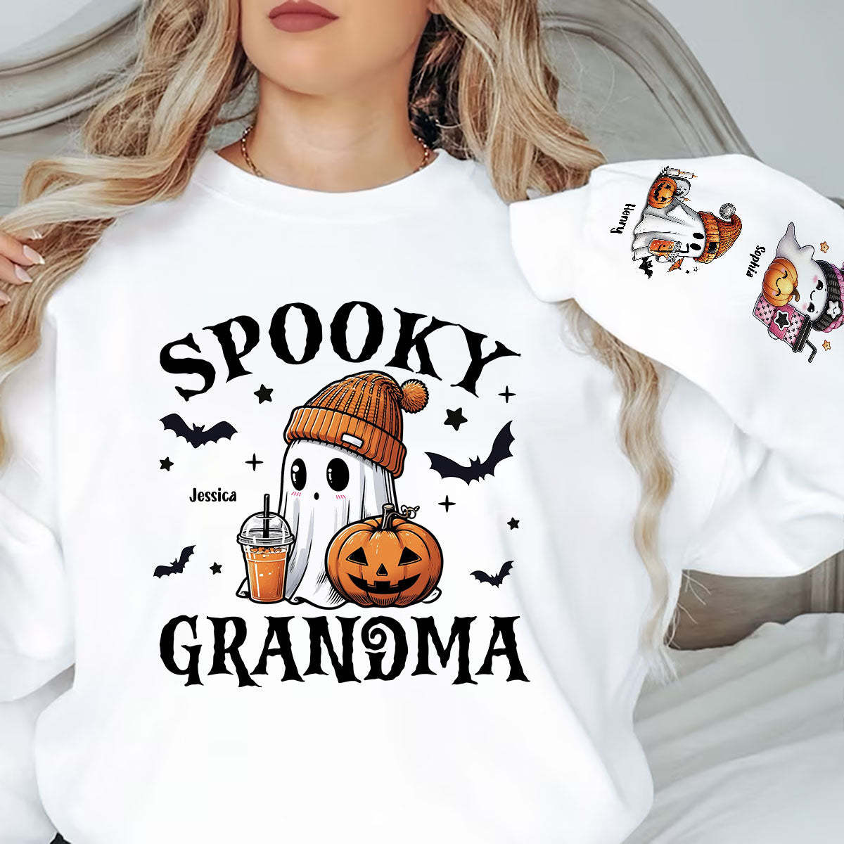 Halloween Grandma Mom Cute Boo Personalized Sleeve Printed Sweatshirt