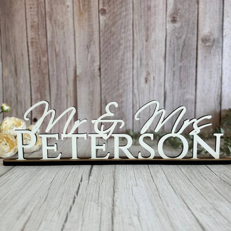 Personalised Wedding Name Sign With Stand, Mr Mrs on Top Gift