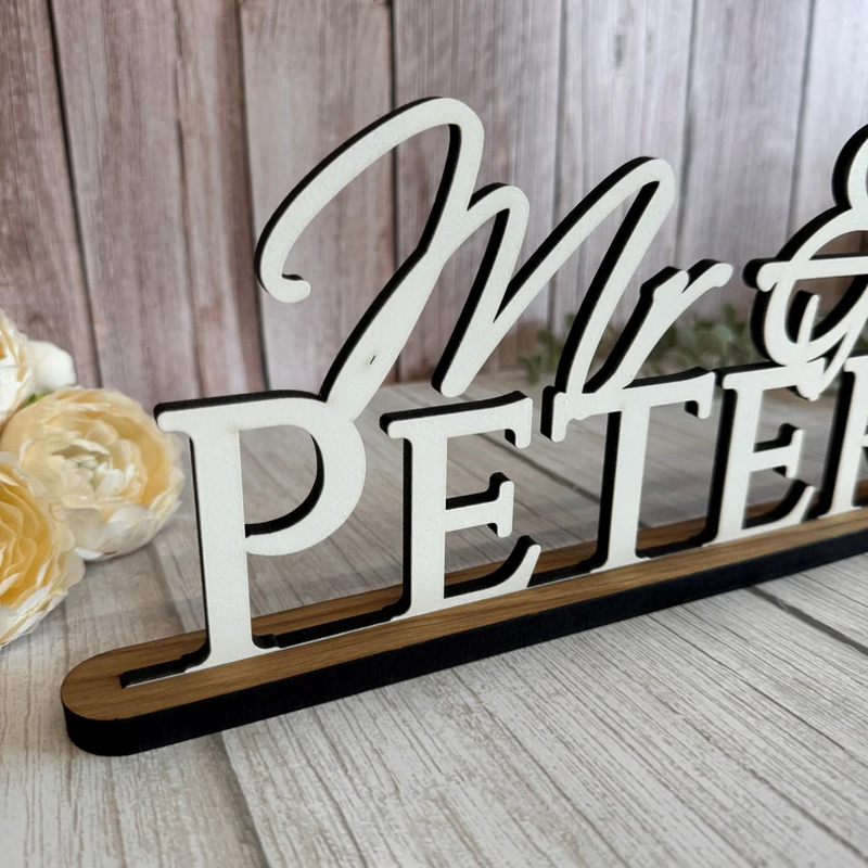 Personalised Wedding Name Sign With Stand, Mr Mrs on Top Gift