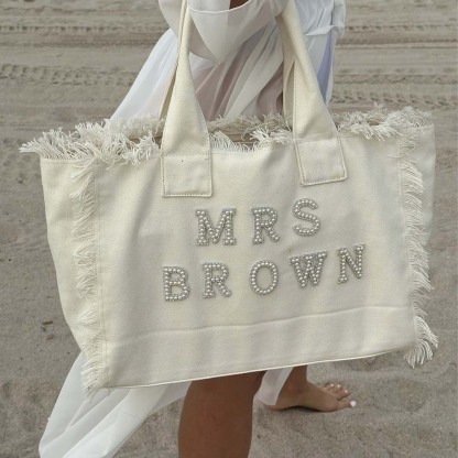 Bridesmaid Tote Tote for Bride Gift for Bride Fringe Bag with pearls Honeymoon Bag