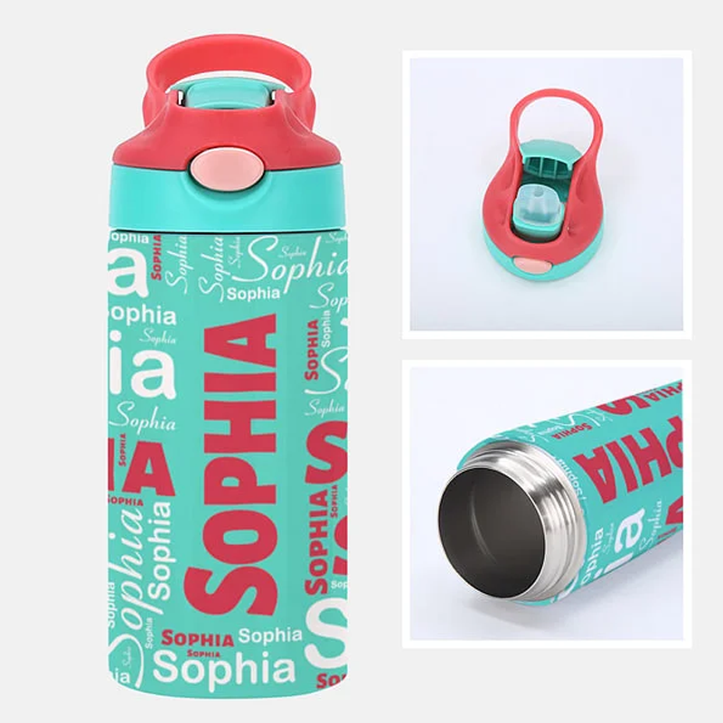 Personalized Colorful 12oz Name Water Bottle with Silicone Straw and Spill-Proof Lid Children's Day Back to School Gift for Kids