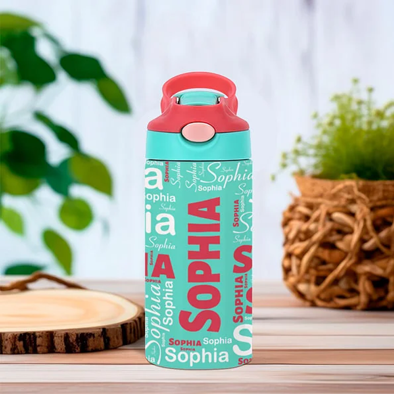 Personalized Colorful 12oz Name Water Bottle with Silicone Straw and Spill-Proof Lid Children's Day Back to School Gift for Kids