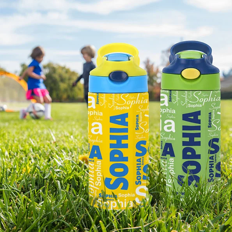 Personalized Colorful 12oz Name Water Bottle with Silicone Straw and Spill-Proof Lid Children's Day Back to School Gift for Kids