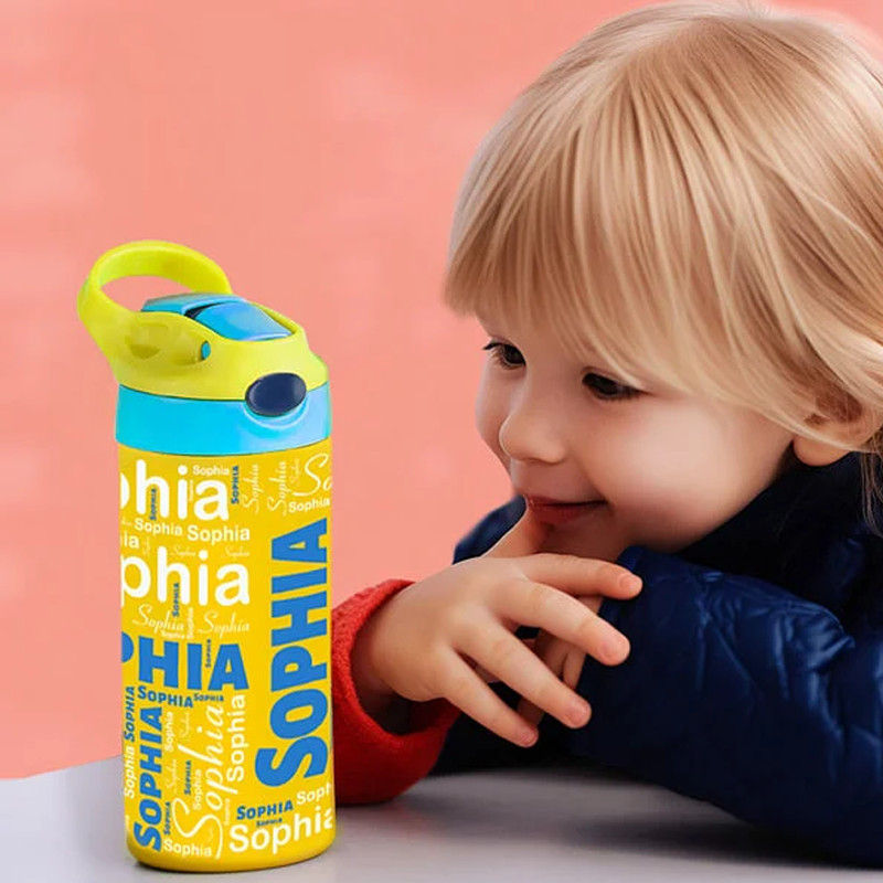 Personalized Colorful 12oz Name Water Bottle with Silicone Straw and Spill-Proof Lid Children's Day Back to School Gift for Kids