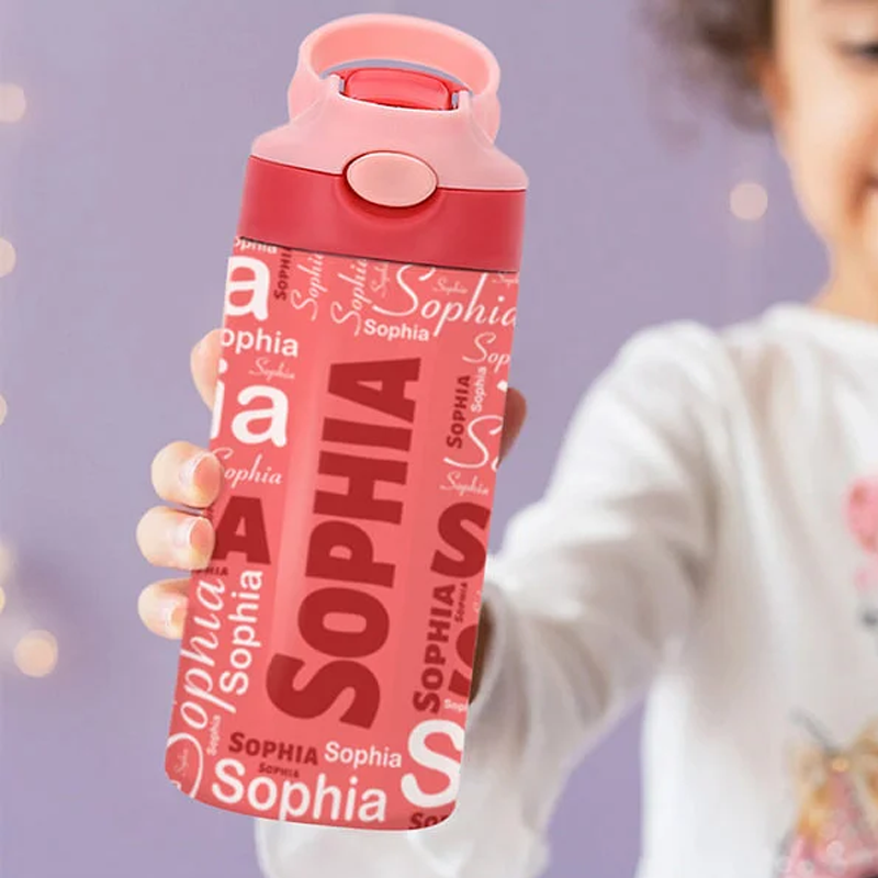 Personalized Colorful 12oz Name Water Bottle with Silicone Straw and Spill-Proof Lid Children's Day Back to School Gift for Kids