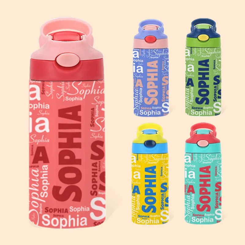 Personalized Colorful 12oz Name Water Bottle with Silicone Straw and Spill-Proof Lid Children's Day Back to School Gift for Kids