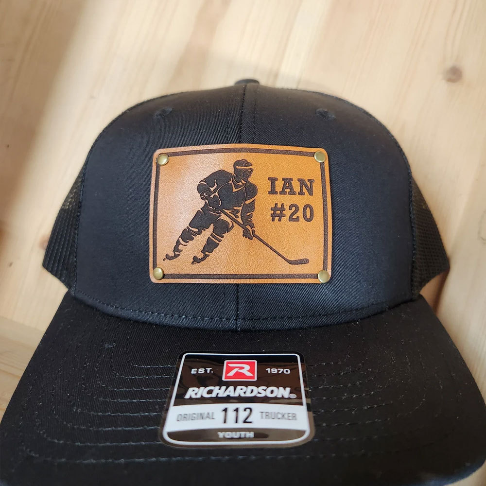 Custom HOCKEY PLAYER Name Number Leather Patch Truck Hat