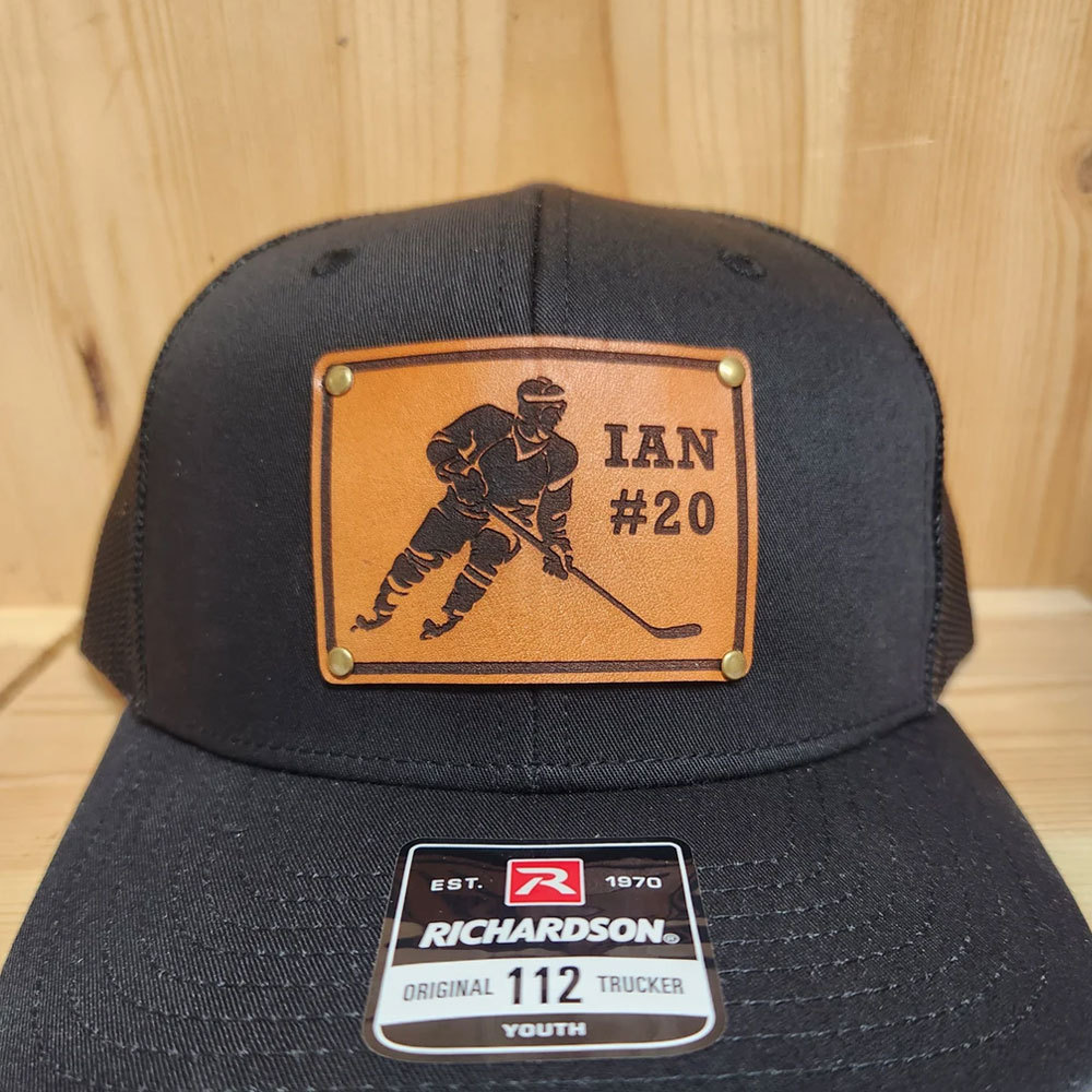 Custom HOCKEY PLAYER Name Number Leather Patch Truck Hat