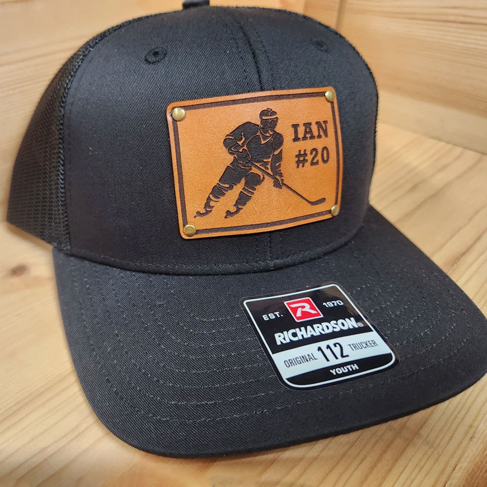 Custom HOCKEY PLAYER Name Number Leather Patch Truck Hat
