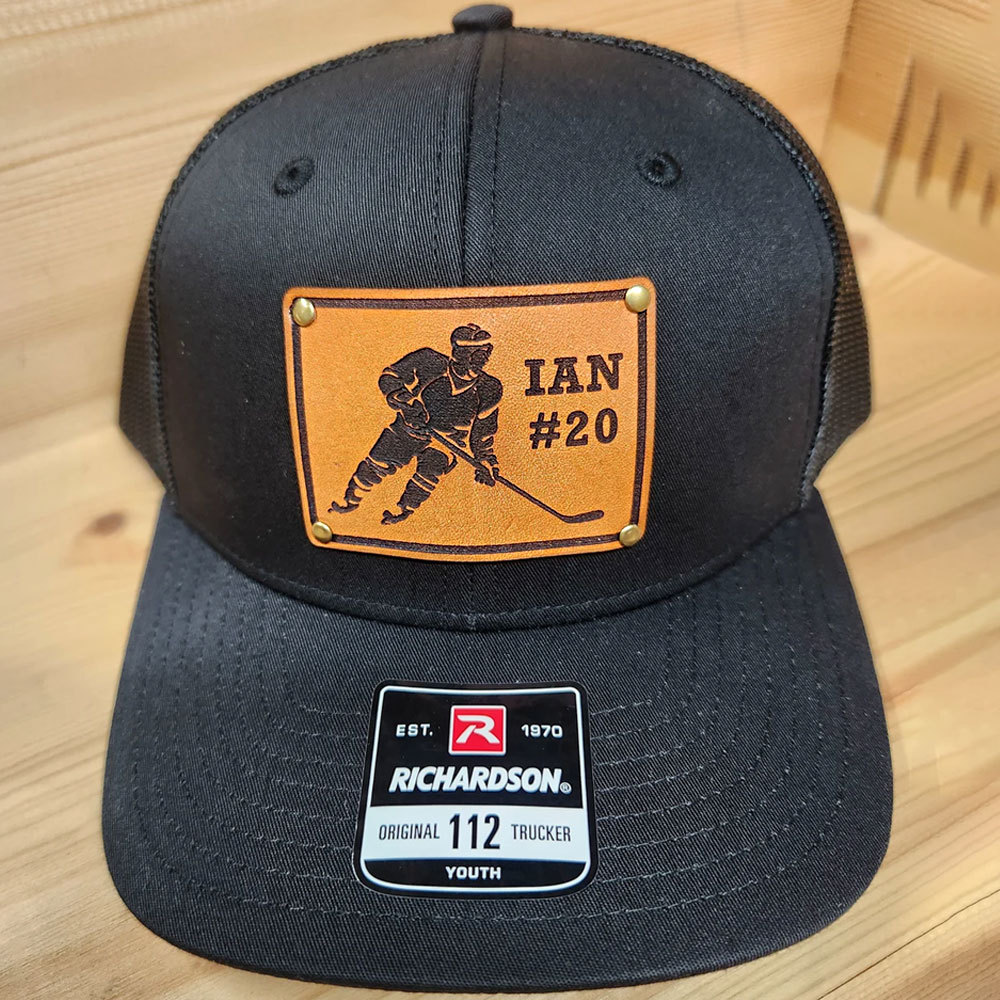 Custom HOCKEY PLAYER Name Number Leather Patch Truck Hat