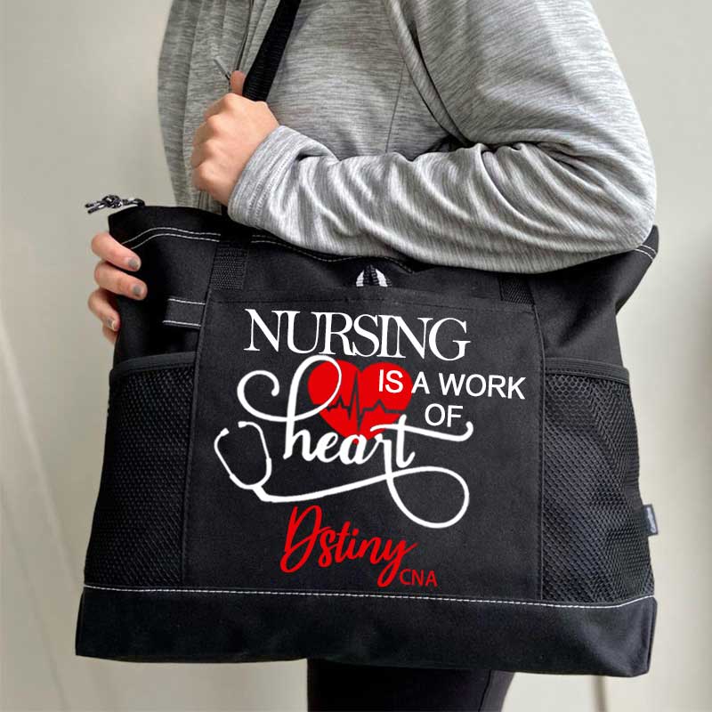 Personalized Nursing Is A Work of Heart Canvas Zippered Tote Bag