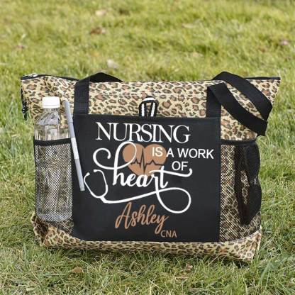 Personalized Nursing Is A Work of Heart Canvas Zippered Tote Bag