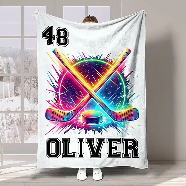 Personalized Neon Hockey Sports Design Soft Throw Blanket with Name Birthday Match Day Gift for Team Games