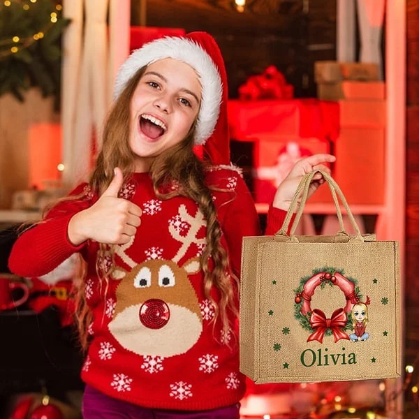 Personalized Large Jute Tote Gift Bag with Name Christmas Party Gift for Family