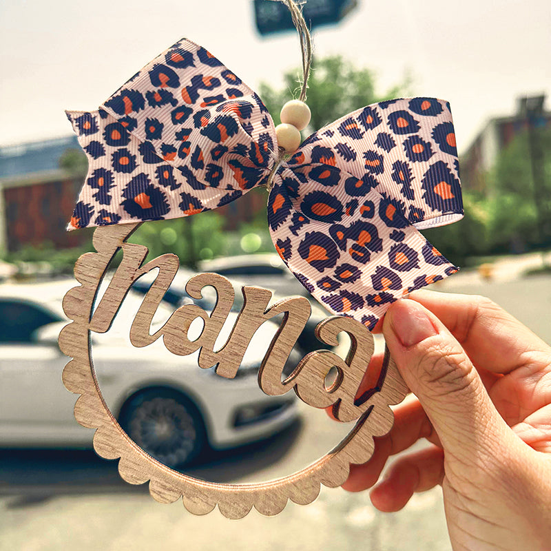 Mama Car Charm Scalloped Wooden Car Charm with Leopard Bow