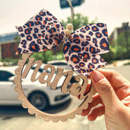 Mama Car Charm Scalloped Wooden Car Charm with Leopard Bow