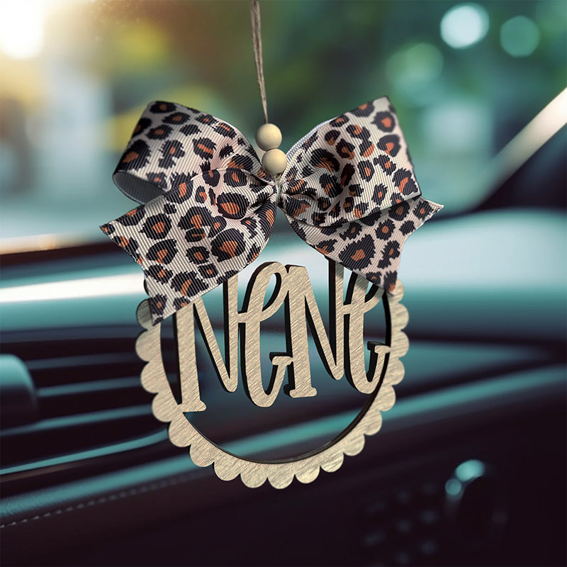 Mama Car Charm Scalloped Wooden Car Charm with Leopard Bow
