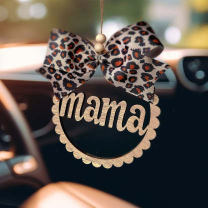 Mama Car Charm Scalloped Wooden Car Charm with Leopard Bow