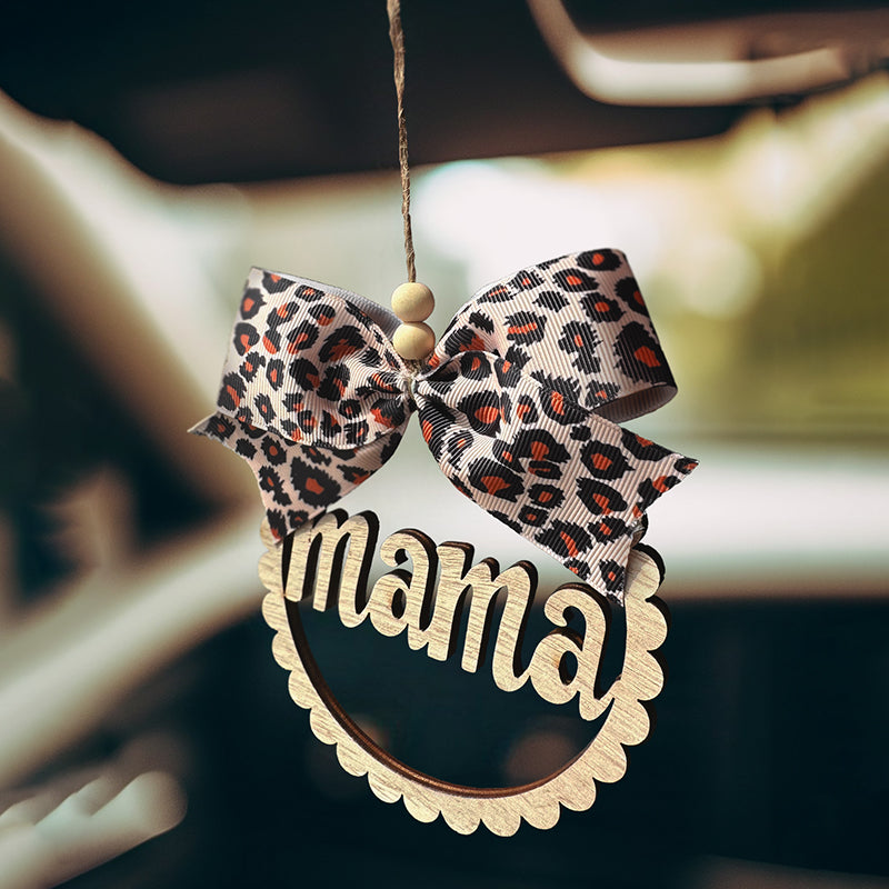 Mama Car Charm Scalloped Wooden Car Charm with Leopard Bow
