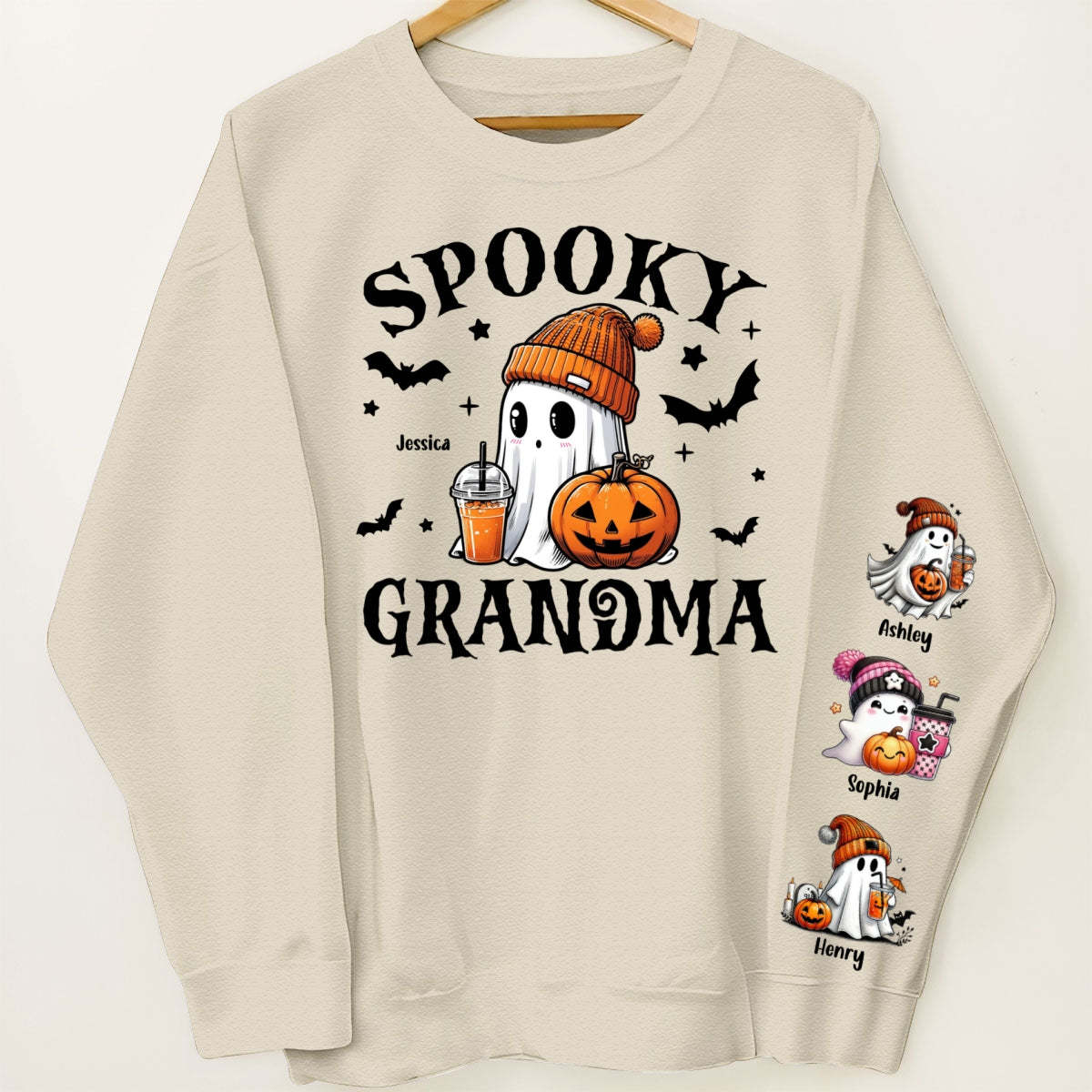 Halloween Grandma Mom Cute Boo Personalized Sleeve Printed Sweatshirt