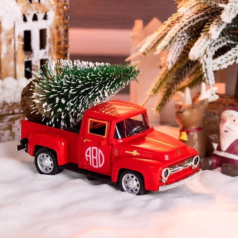 Personalized Christmas Tree Truck Vintage Style Metal Toy Truck w Custom Name