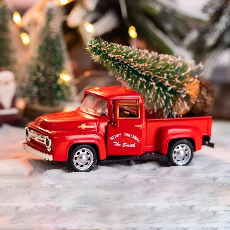 Personalized Christmas Tree Truck Vintage Style Metal Toy Truck w Custom Name