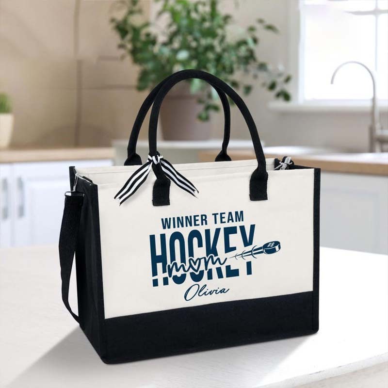 Personalized Hockey Mom Canvas Tote Bag Custom Hockey Team Bag