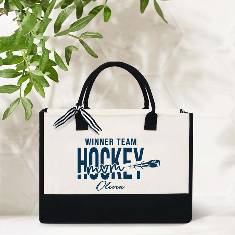 Personalized Hockey Mom Canvas Tote Bag Custom Hockey Team Bag