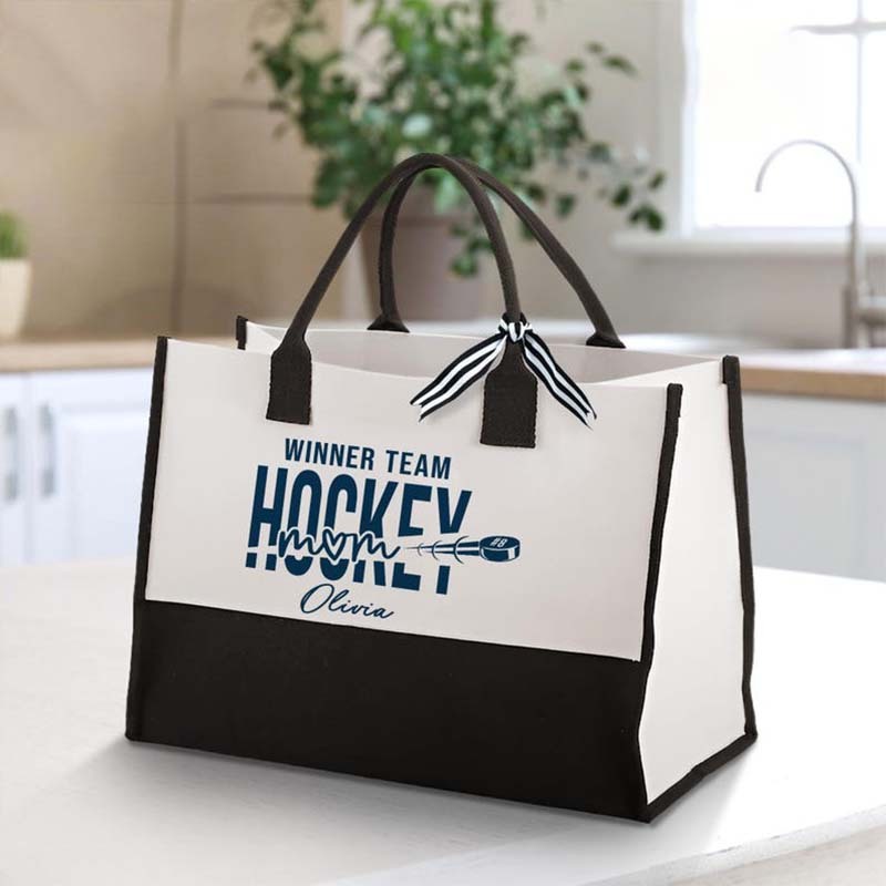 Personalized Hockey Mom Canvas Tote Bag Custom Hockey Team Bag