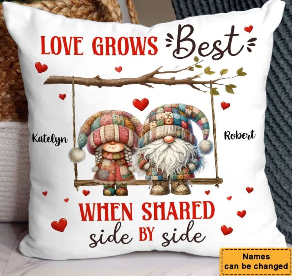 Personalized Patchwork Gnomes Couple Side By Side Pillow