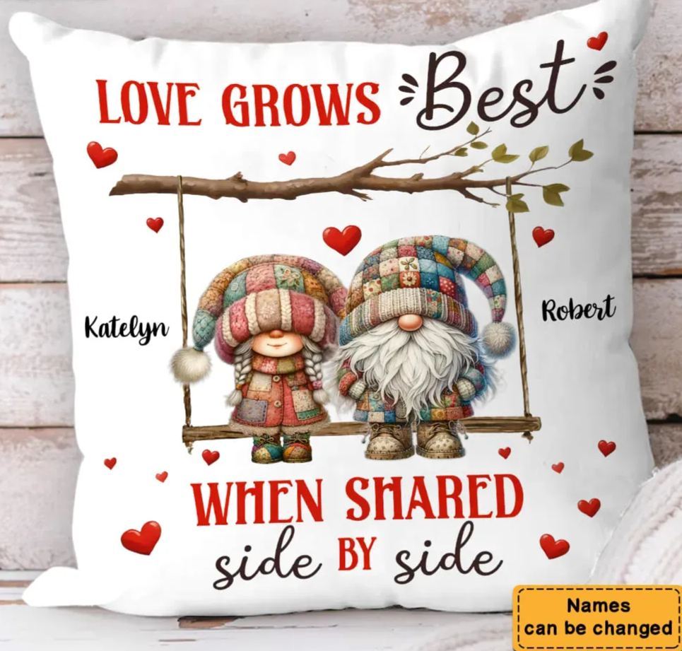 Personalized Patchwork Gnomes Couple Side By Side Pillow