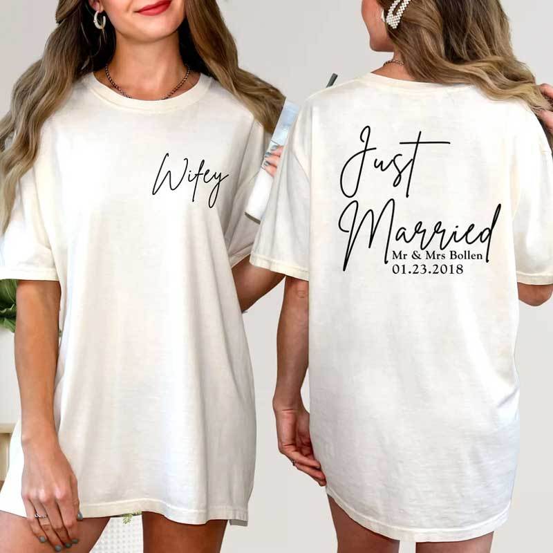 Custom Comfort Back And Front Printed Just Married Honeymoon Shirt