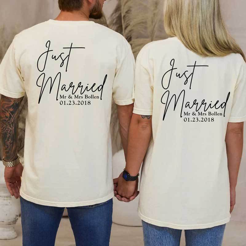 Custom Comfort Back And Front Printed Just Married Honeymoon Shirt