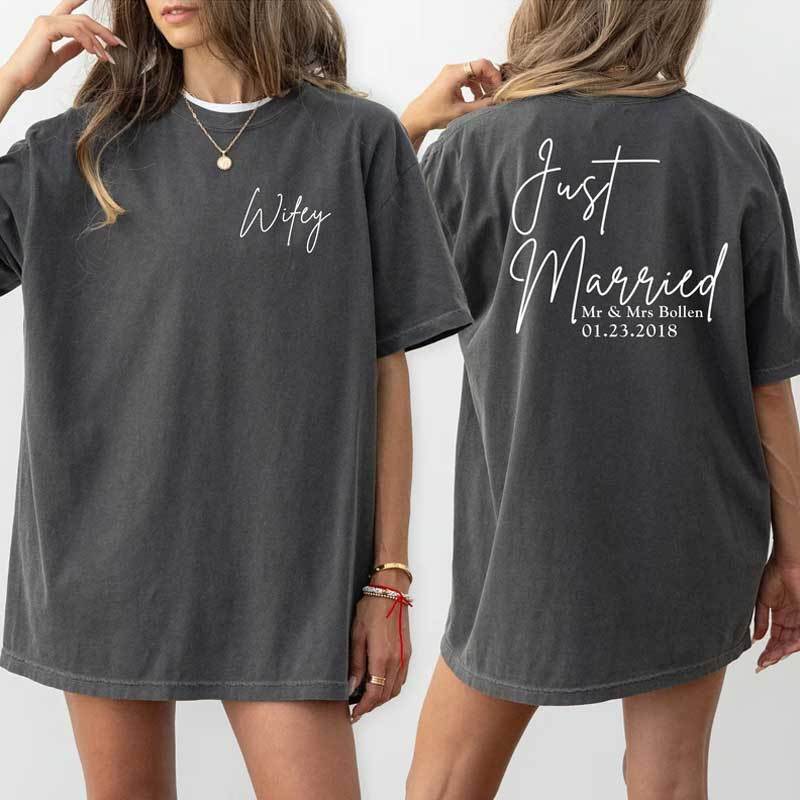 Custom Comfort Back And Front Printed Just Married Honeymoon Shirt