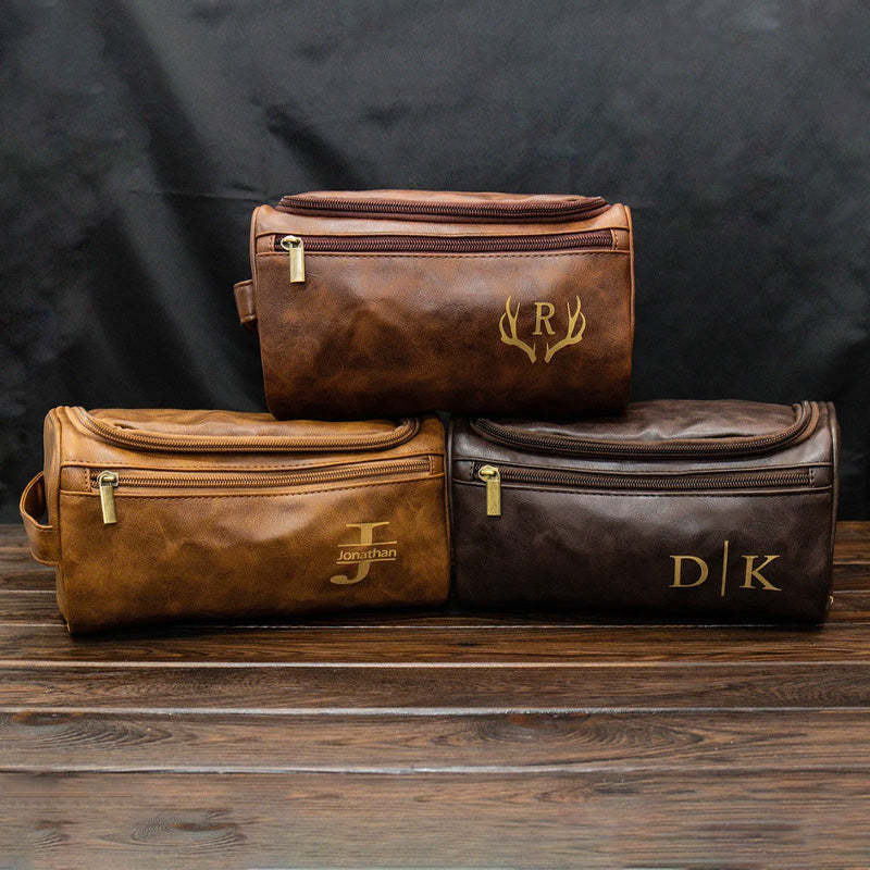 Personalized Men's Leather Toiletry Bag Gift for Him Engraved Dopp Bag