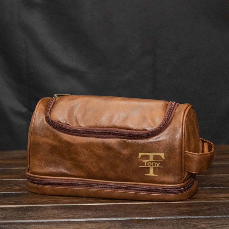 Personalized Men's Leather Toiletry Bag Gift for Him Engraved Dopp Bag