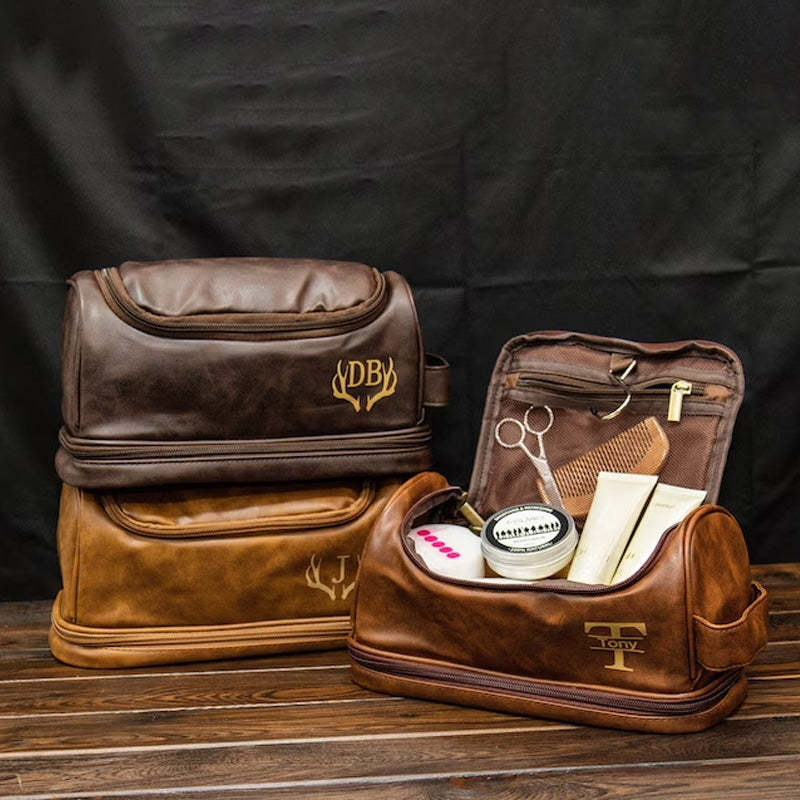 Personalized Men's Leather Toiletry Bag Gift for Him Engraved Dopp Bag