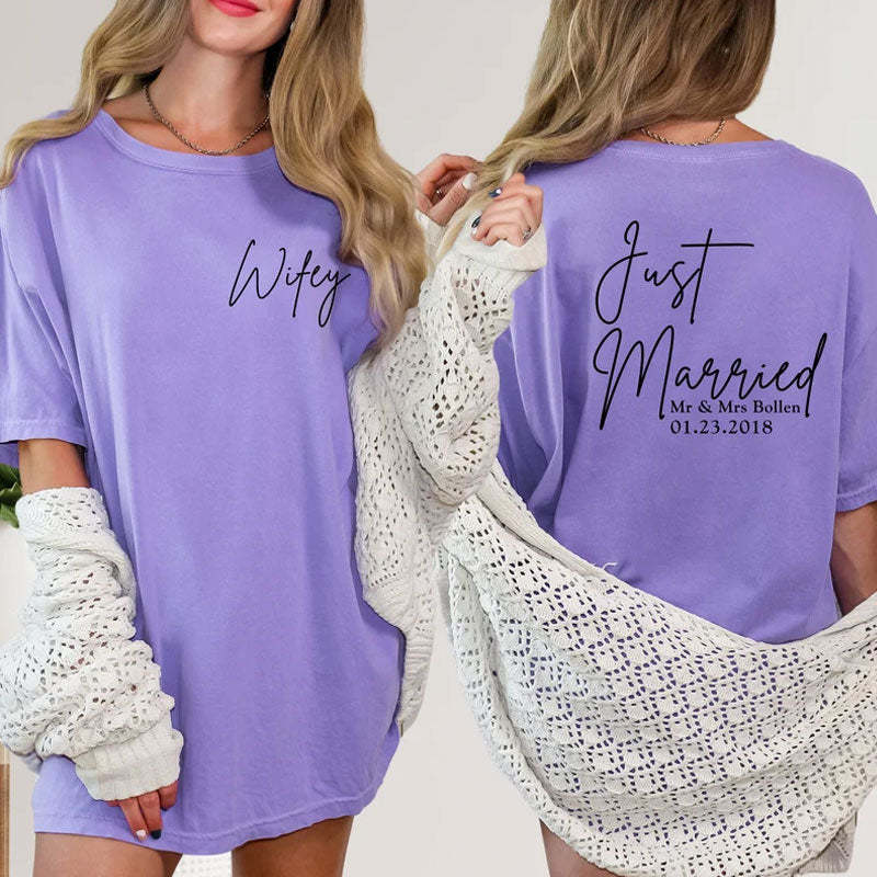 Custom Comfort Back And Front Printed Just Married Honeymoon Shirt