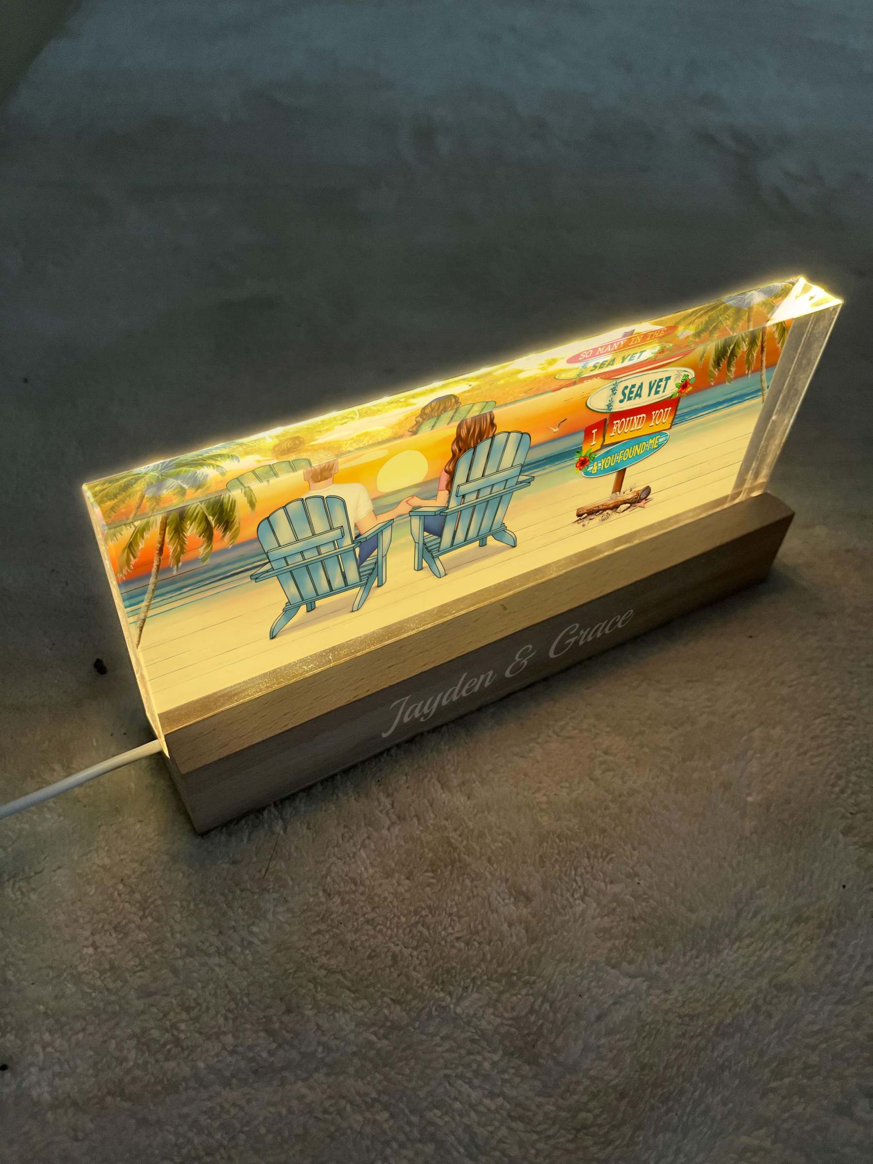 Couple Sitting Be Happy Personalized Acrylic Block LED Night Light Anniversary Gift