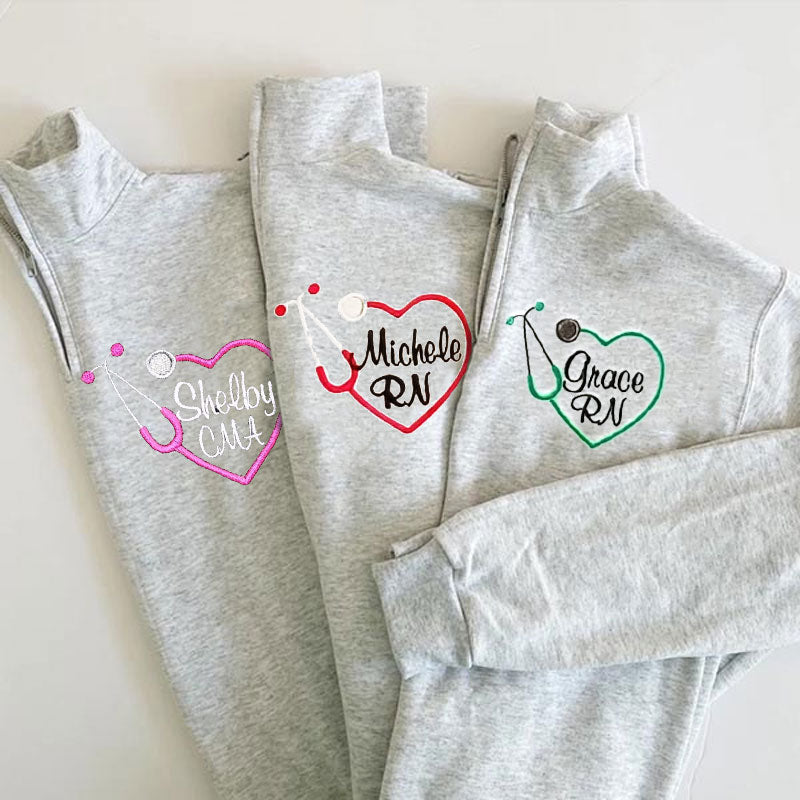 Custom Embroidered Heart Stethoscope Monogram Quarter-zip Sweatshirt Medical Gift Pullover
