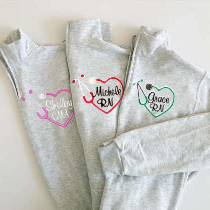 Custom Embroidered Heart Stethoscope Monogram Quarter-zip Sweatshirt Medical Gift Pullover