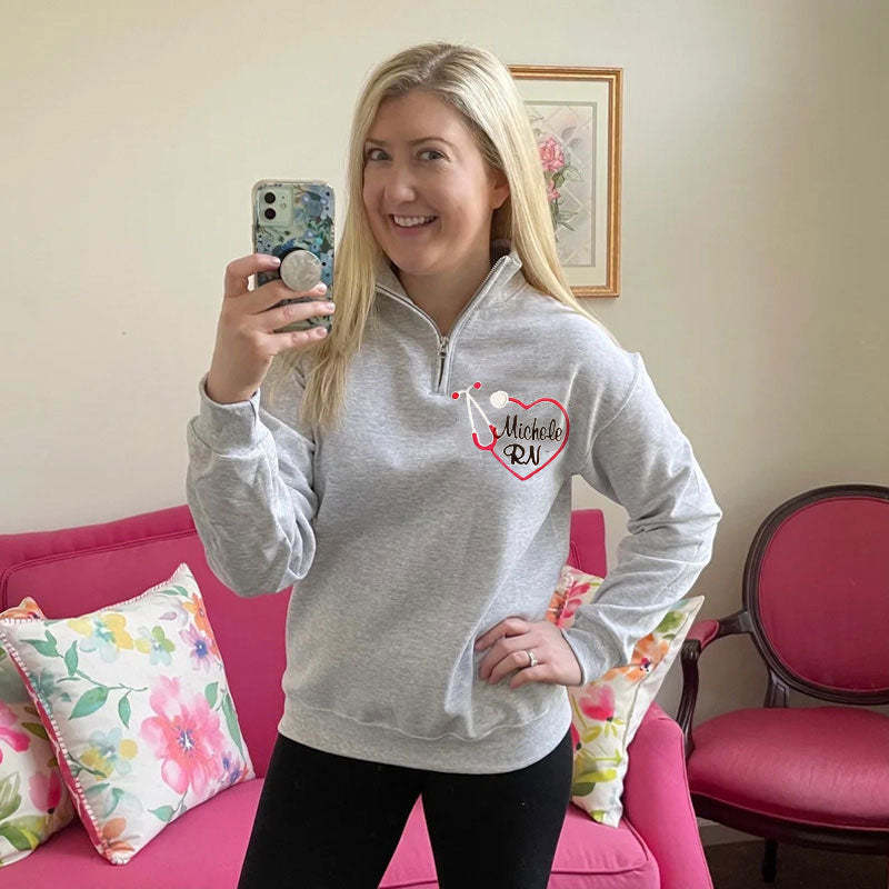 Custom Embroidered Heart Stethoscope Monogram Quarter-zip Sweatshirt Medical Gift Pullover