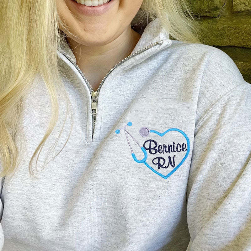 Custom Embroidered Heart Stethoscope Monogram Quarter-zip Sweatshirt Medical Gift Pullover