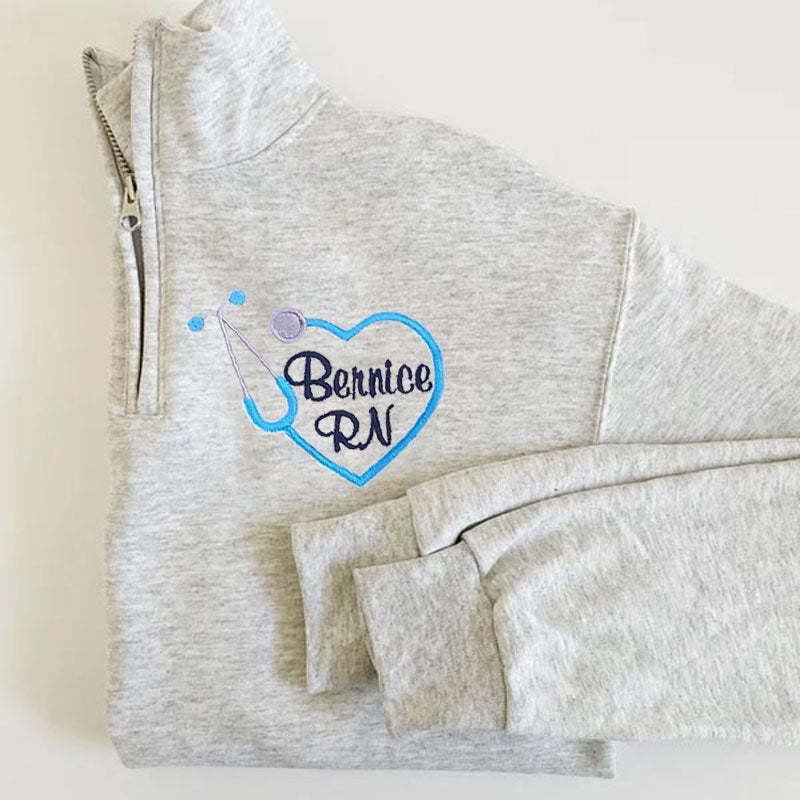Custom Embroidered Heart Stethoscope Monogram Quarter-zip Sweatshirt Medical Gift Pullover