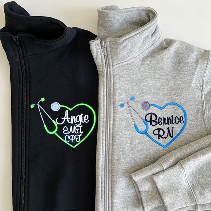 Custom Embroidered Heart Stethoscope Monogram Quarter-zip Sweatshirt Medical Gift Pullover