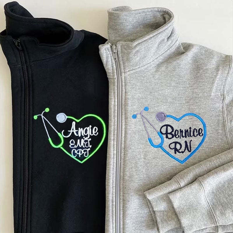 Custom Embroidered Heart Stethoscope Monogram Quarter-zip Sweatshirt Medical Gift Pullover
