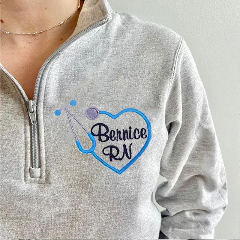 Custom Embroidered Heart Stethoscope Monogram Quarter-zip Sweatshirt Medical Gift Pullover