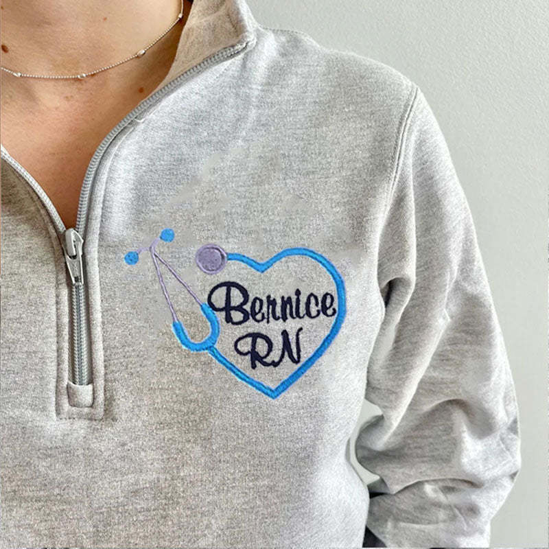 Custom Embroidered Heart Stethoscope Monogram Quarter-zip Sweatshirt Medical Gift Pullover